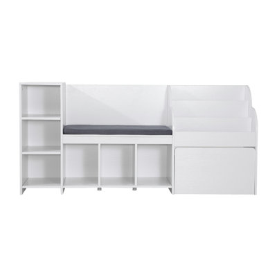 Banc de rangement pour enfants avec dossier, coffre de rangement pour jouets en bois blanc avec 6 compartiments, bibliothèque à 3 niveaux et tiroir, 66,9 x 15,8 x 31,5 po