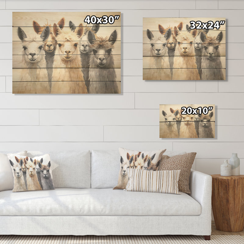 «Beige et gris» Minimalisme Curieux Alpacas Collage - Alpacas, art mural sur bois de pin naturel, H 10 po x l 20 po