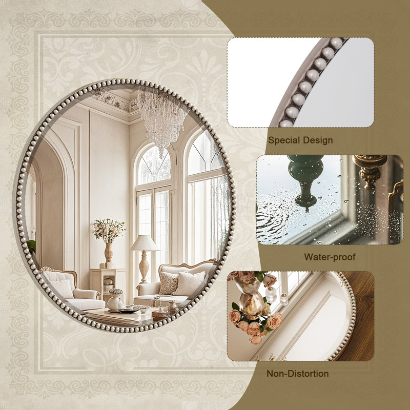 Miroir de salle de bain décoratif perlé avec cadre en résine, Argent, H 24 po x l 24 po