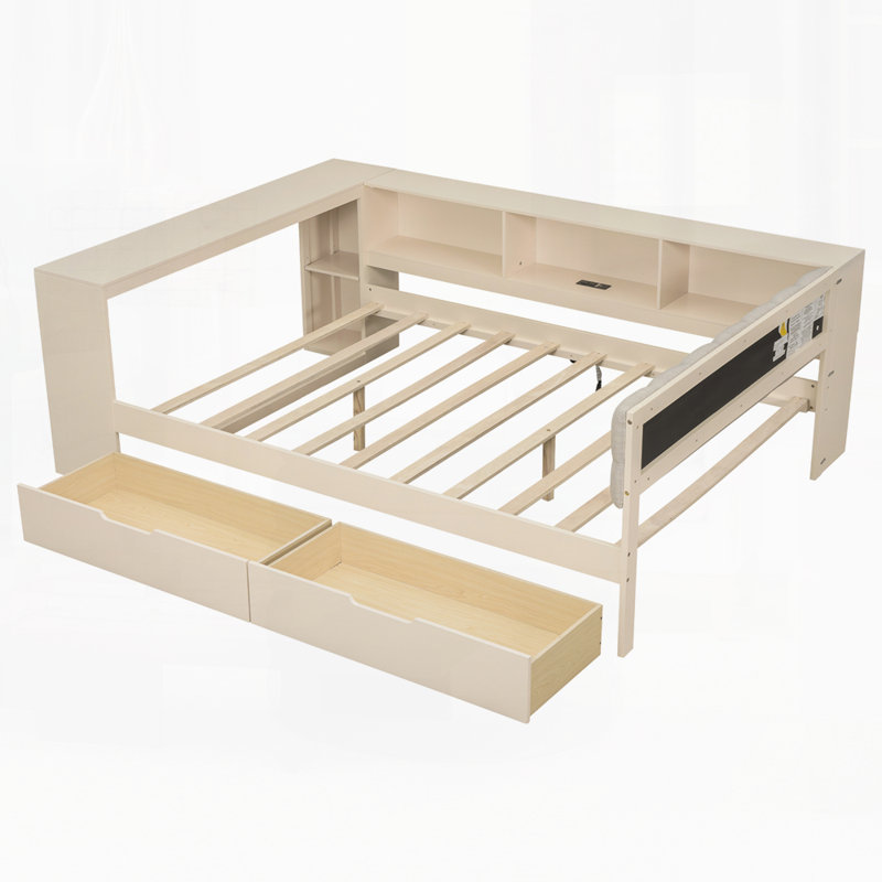 Lit plateforme en bois avec tablettes de rangement, tiroirs, station de charge et tête de lit tapissier, Crème, Double