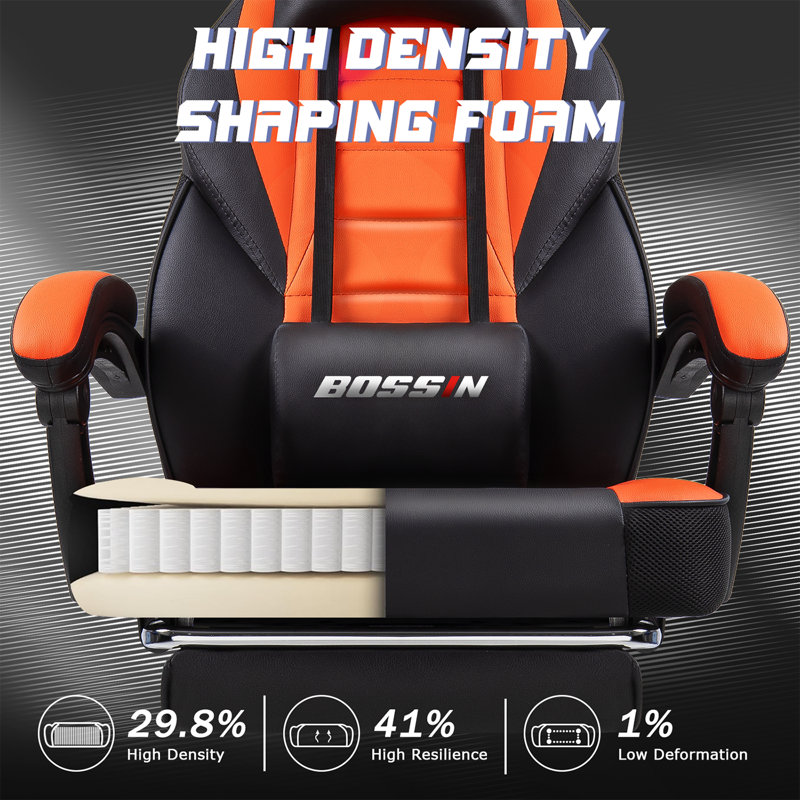 BOSSIN Gaming Chairs with Footrest, Ergonomic Computer Game Chairs with Lumbar Support, Orange/Black