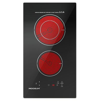 12-inch Electric Cooktop with 2 Burners - 9 Power Levels, Rapid Even Heating for Frying/Boiling, Ceramic Glass Surface, Child Safety Lock, 220-240V (No Plug)