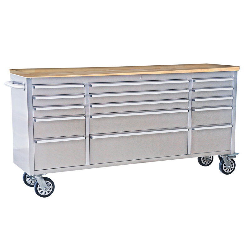 72'' Rolling Tool Chest with 15 Drawers and Wheels, Heavy-Duty Tool Cabinet, Mobile Workbench for Garage, Repair Shop and Tool Room, Stainless Steel Storage, Silver