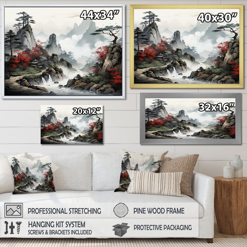 «Gray River China Landscape I», art mural Chine, Cadre flottant doré, H 24 po x l 32 po x P 1 po