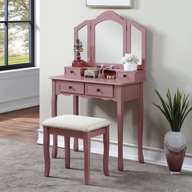 Wooden Vanity Make Up Table And Stool Set, Rose Gold, Rose Gold