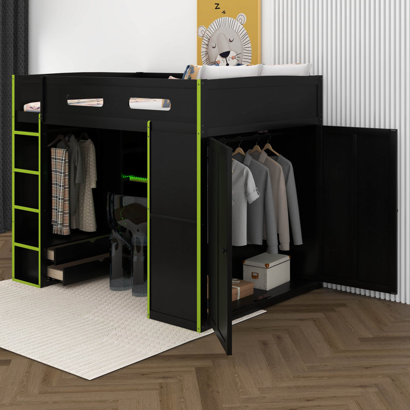 Lit mezzanine en bois pleine grandeur pour chambre à coucher, lit de jeu avec bureau, garde-robe, grand espace de rangement et lumière DEL RVB