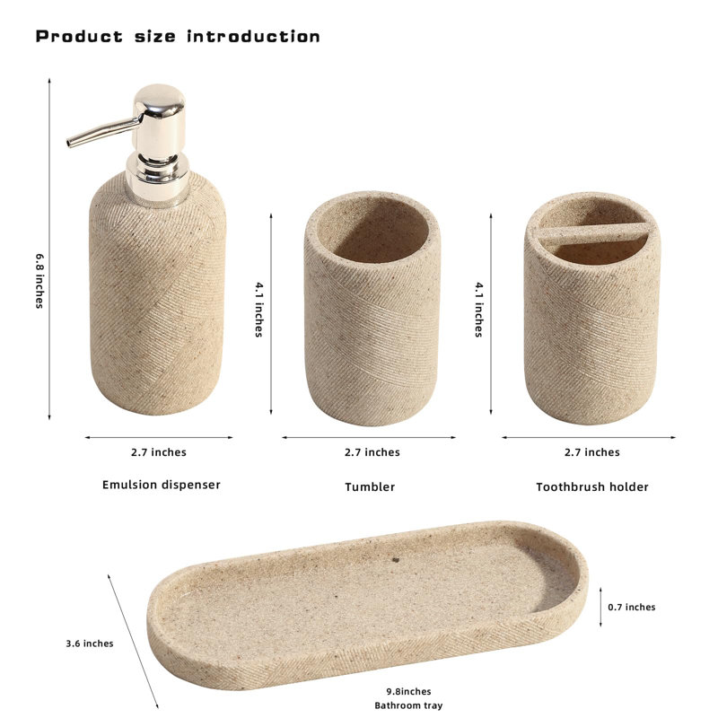 Accessories Set, Soap Dispenser, Toothbrush Holder, Mouthwash Cup, Tray, 4-Piece (Beige)