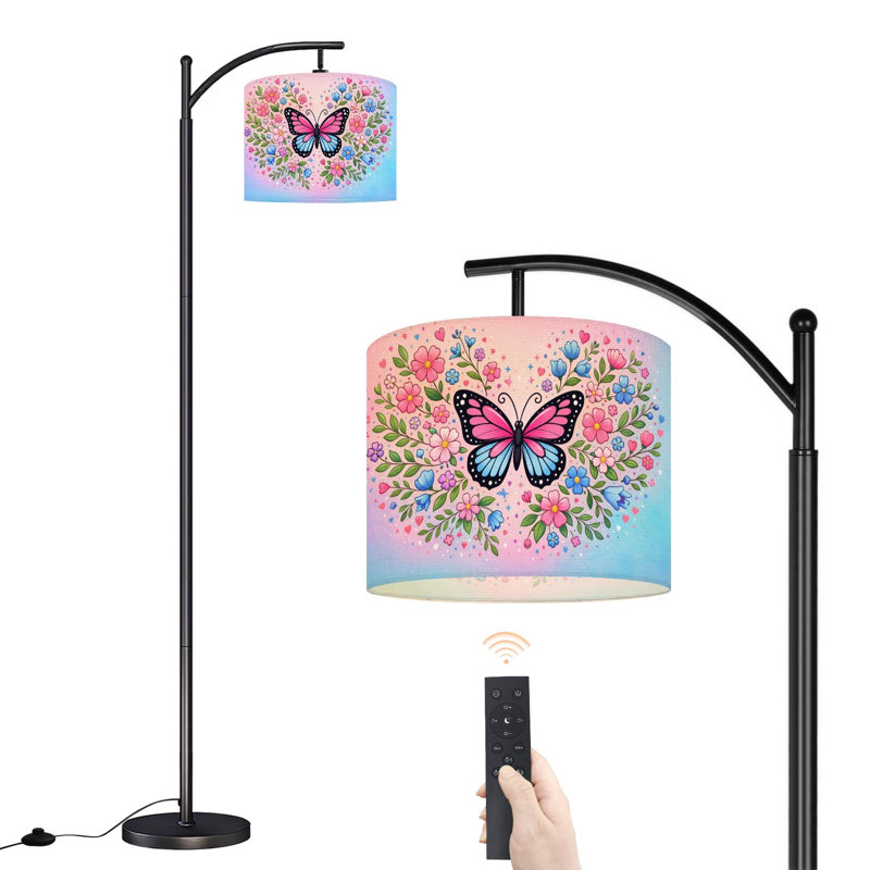 Lampe sur pied à arc en forme de papillon à motif floral rose et bleu fantaisiste avec lampes à DEL et abat-jour réglables pour le bureau de lecture