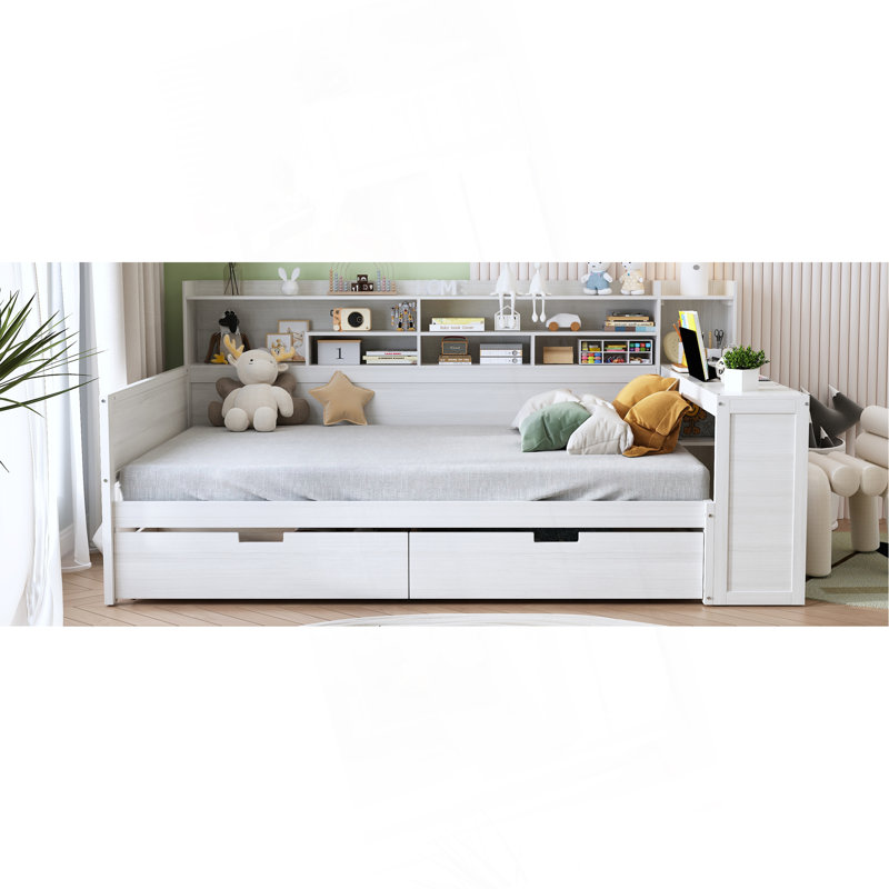 Lit de jour multifonctionnel en bois avec rangement et bureau d'étude pour optimiser l'espace, Blanc antique