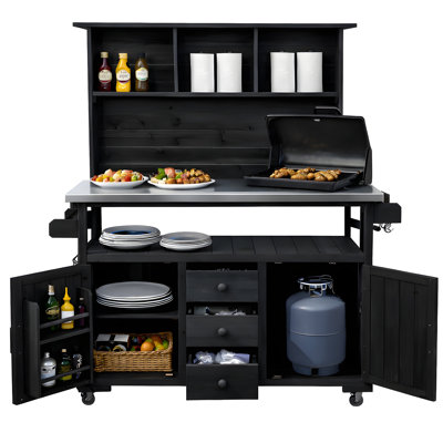 Grand banc de rempotage de jardin 65 po avec roues verrouillables, îlot de cuisine extérieur en bois avec plateau en acier inoxydable, tiroirs, tablettes de porte et huche pour griller