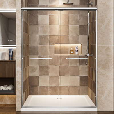 Double Sliding Shower Door With Aluminum Frame, 54" W X 72" H, 1/4" Clear Tempered Glass, - Proof Film, Easy Installation, Reversible Corrosion Handles, Waterproof For Modern Bathroom H Shatter Dual