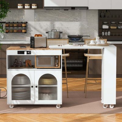 Îlot de cuisine roulant avec table allongée, îlot de cuisine sur roulettes avec lumières DEL, prises de courant et 2 portes en verre cannelé, îlot de cuisine avec compartiment de rangement et 3 tablettes ouvertes latérales