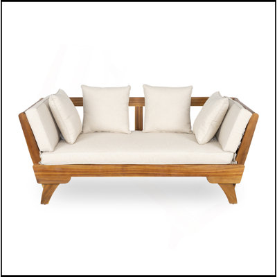 Canapé d'extérieur d'extérieur pour lit de jour, canapé 3 places avec accoudoirs pliables et 4 coussins de dossier, coussin amovible en teck et structure en bois d'acacia beige