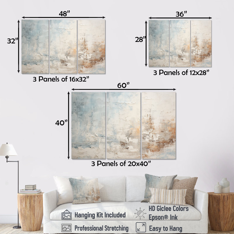 Ensemble de décorations murales Beige Blue Ocean Storm II - formes abstraites, Toile tendue, H 40 po x l 60 po x P 1 po