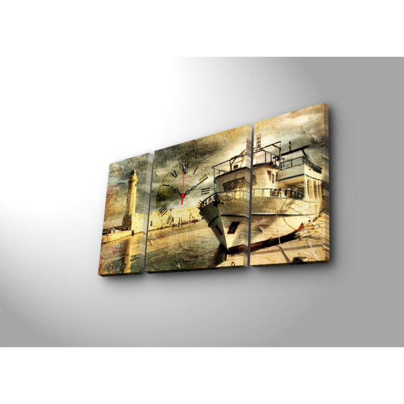Horloge murale élégante en toile décorative (3 pièces), 33,5 po x 17,7 po | Toile 100% suède avec cadre 100% bois (épaisseur: 1,2 po) | Décoration élégante pour le salon et le bureau, design unique et horloge