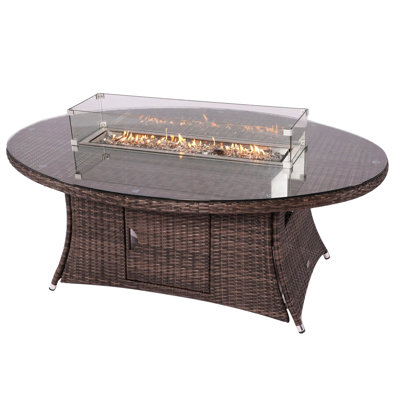 Propane Gas Fire Pit Table, 50,000 Btu Outdoor Rattan Dining Table With Adjustable Heat Settings, Stainless Steel Burner & Crushed Glass, Multi-person Seating Option For Patio Garden