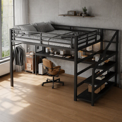 Grand lit mezzanine avec bureau et escalier de rangement, lits mezzanine en métal avec lumières DEL, ports USB