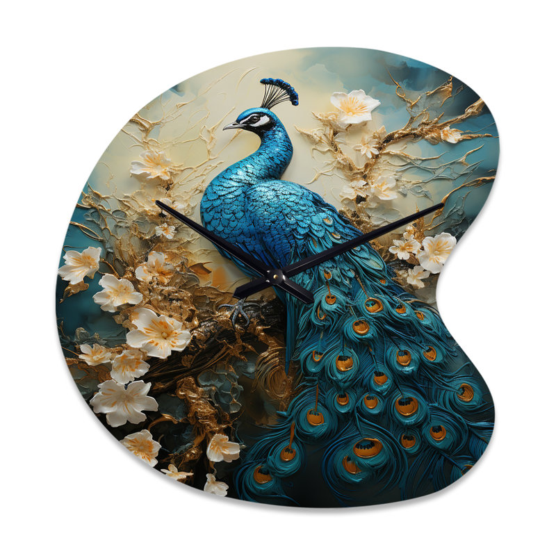 «Peacock Encaustic Portrait II - Peacock», horloge asymétrique en métal, horloge murale moderne de forme irrégulière, Grand