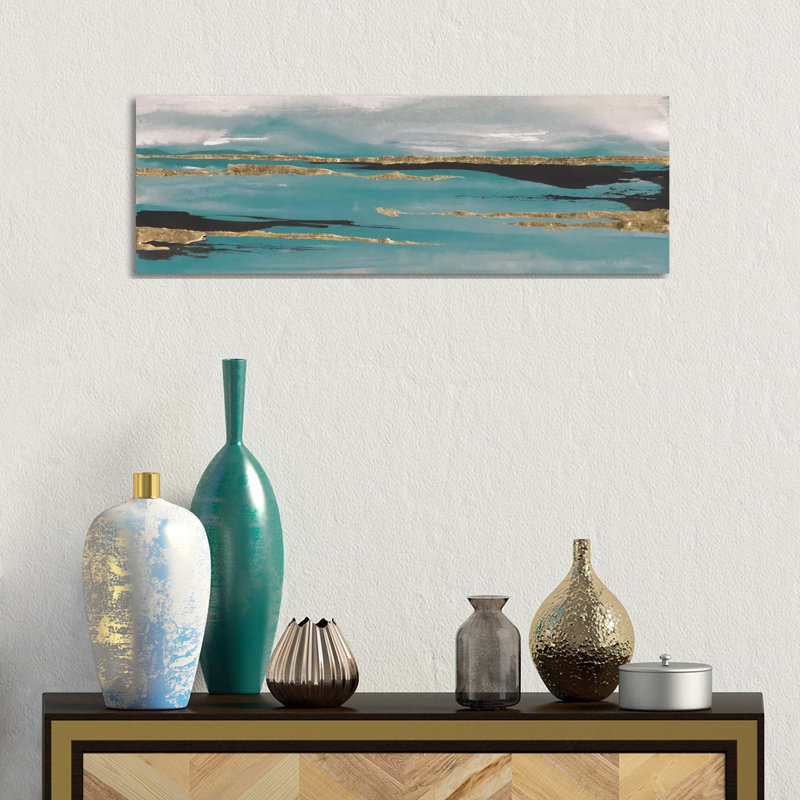 Gilded Storm Teal Grey II by Chris Paschke - Wrapped Canvas Panoramic Painting, 30.48 cm H x 91.44 cm W x 1.91 cm D