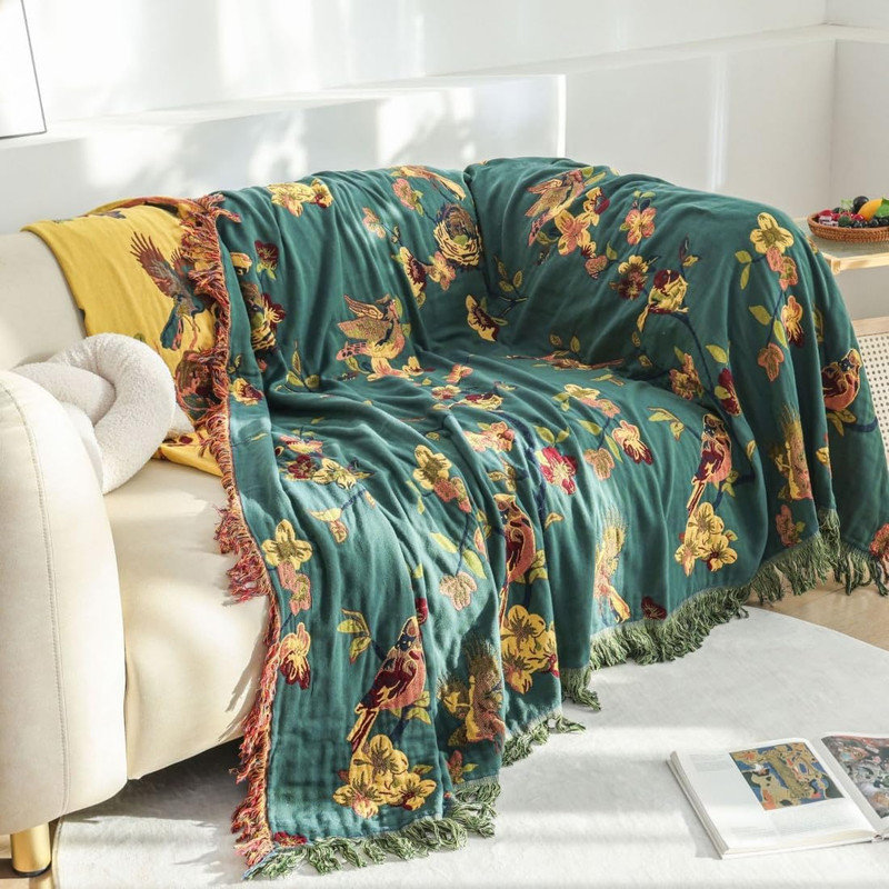 Housse de couette 100% coton DONEUS Boho, Grand lit, Floral jaune / vert