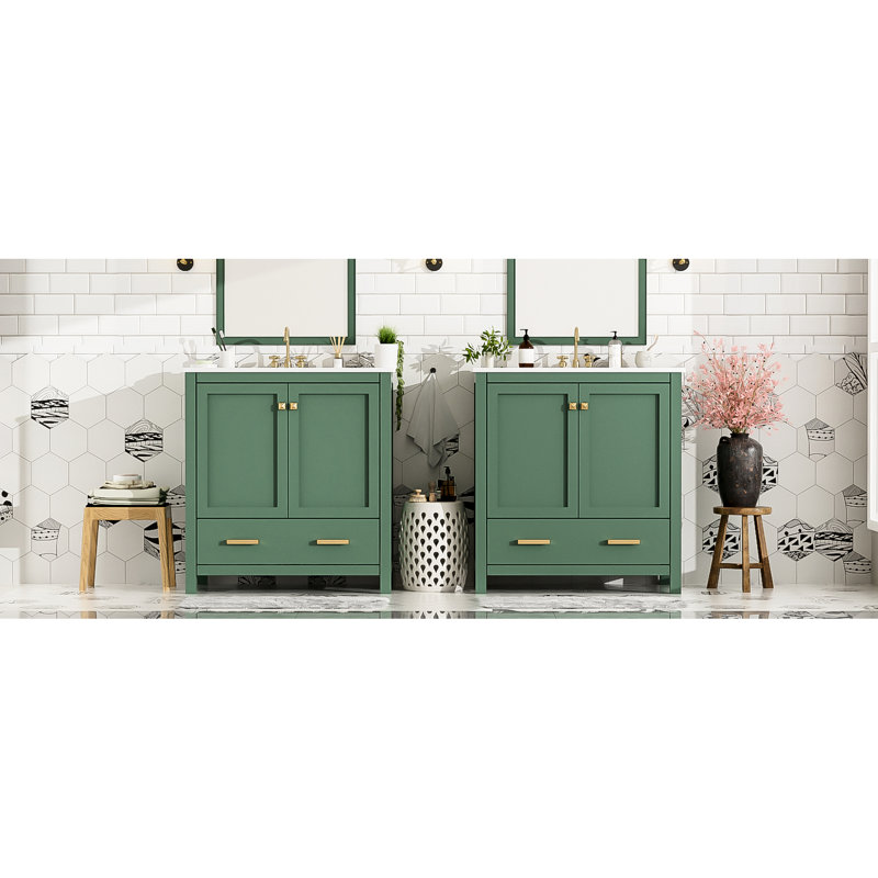 Meuble-lavabo double 60 po - Armoire fonctionnelle avec lavabos en céramique pour salle de bain spacieuse, Vert