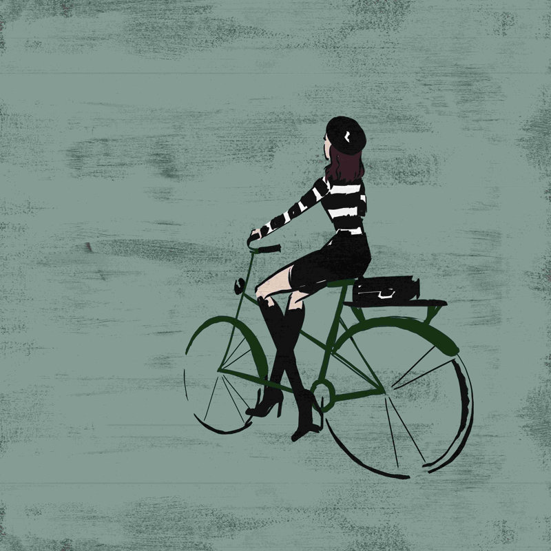 «Girl on Bike on Gray», peinture sur toile tendue, H 20 po x l 20 po