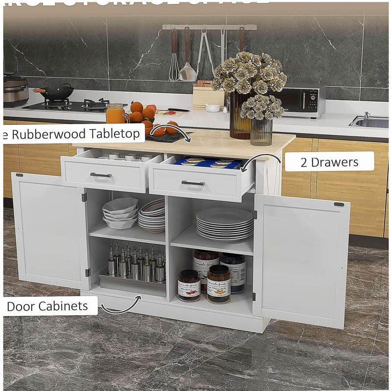 Îlot de cuisine à roulettes pliable en bois avec chariot de cuisine, 2 tiroirs, tablettes réglables pour le repas, blanc