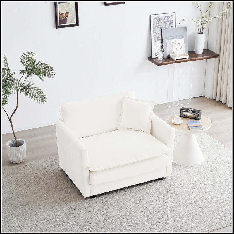 Deep Single Seat Sofa Upholstered Reading Armchair for Living Room, Comfortable and Stylish White Chenille Fabric, White