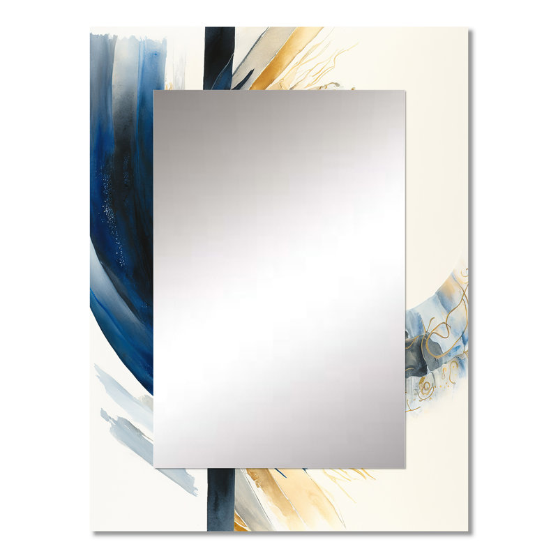«Blue and Gold Swirl Abstract IV», miroir mural décoratif à spirales abstraites, grand miroir moderne, impression sur métal