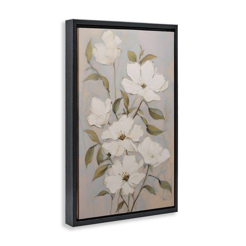 Fleurs flottantes nacrées, toile encadrée noire par Petals Prints Design, Cadre flottant noir de jais, H 25 po x l 17 po