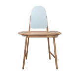 Oak Wood And MDF Vanity Table With Mirror And 2 Hand-Woven Rattan Baskets
