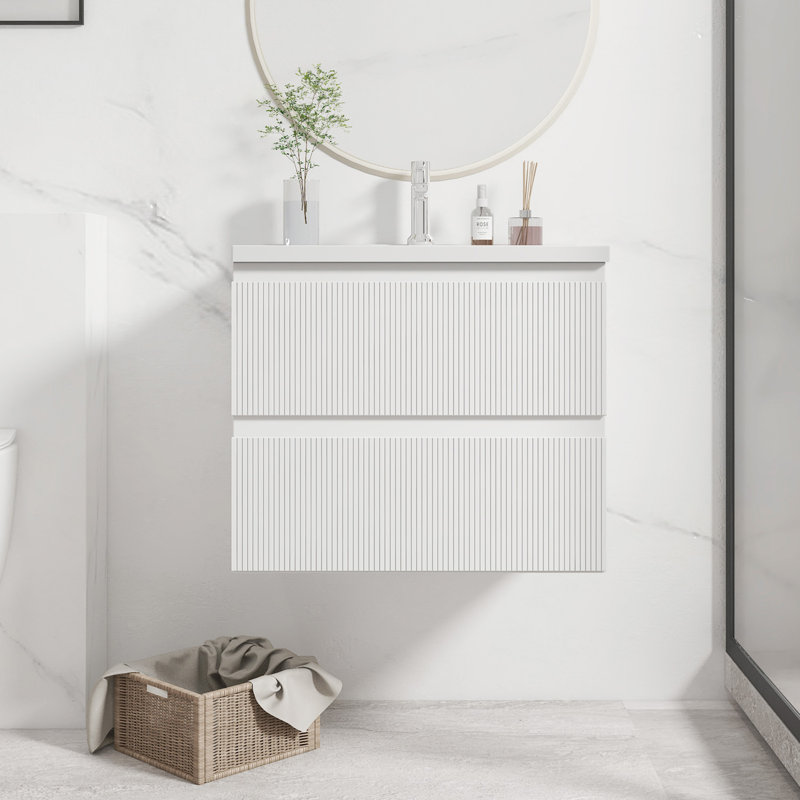 24” Bathroom Floating Vanity Cabinet With Sink And Double Drawers, White