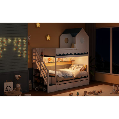 Twin Bunk Bed With House, Drawer, And Led, Bold Color Contrast, Wave - Side, White Style, For 'S Bedrooms Enchanting Style Top, Staircase Storage, Led Lighting, Side Panel, Suitable Shared