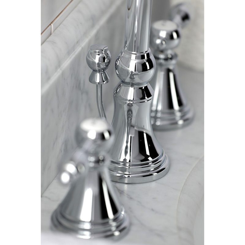 Kingston Brass Tudor Two-Handle 3-Hole Deck Mount Widespread Bathroom Faucet with Brass Pop-Up Drain, Polished Chrome