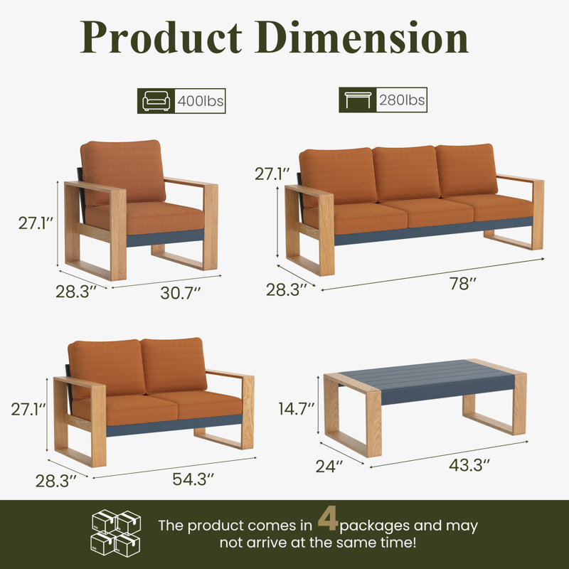Ensemble de conversation de patio moderne en aluminium 5 pièces avec coussins, ensemble de meubles d'extérieur toutes saisons