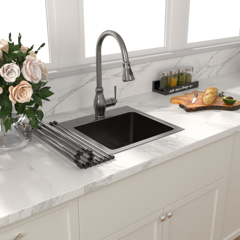 15" L x 15" W Single Bowl Stainless Steel Drop-In  Bar Kitchen Sink, Black