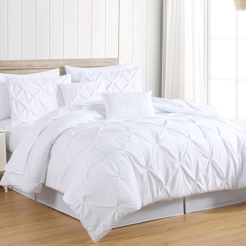10-Piece Pintuck Bed in a Bag Comforter Set with Sheets and Decorative Pillows, Full Comforter + 9 Additional Pieces, White