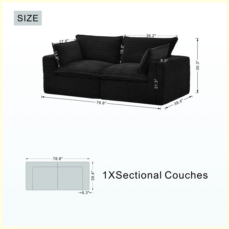 Canapé modulaire d'inspiration nuage 78,8 po Corduroy, Velours côtelé noir