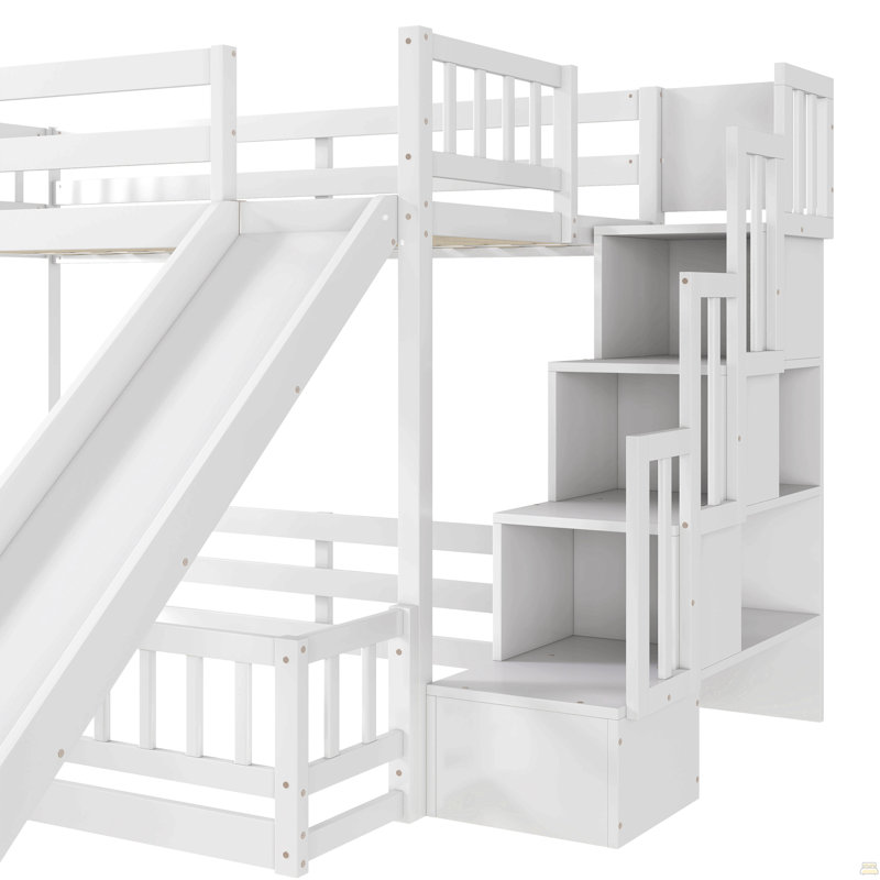 Lit simple superposé au dessus d'un lit double avec glissade, escalier de rangement, lit superposé en bois de pin massif avec garde-corps