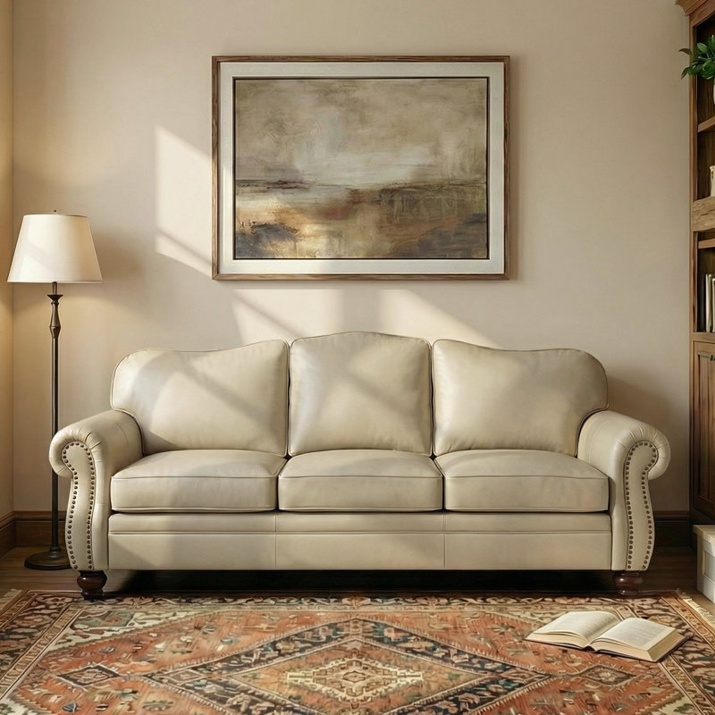 Eugene 81" Traditional Genuine Leather Sofa, Beige
