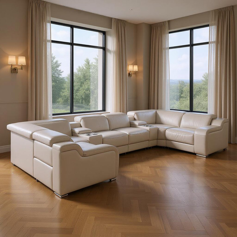 Canapé modulaire en forme de U inclinable électrique en cuir italien clair gris clair avec huit consoles