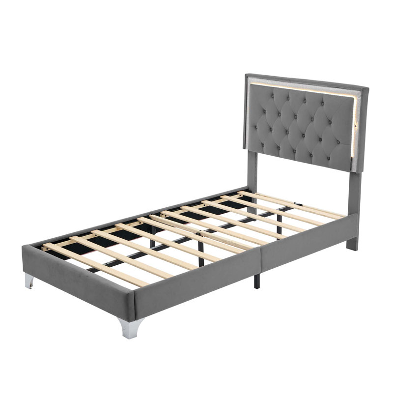 Sam Velvet Upholstered Platform Bed with LED Lights & Wooden Frame, Gray, Queen