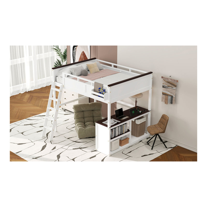 Grand lit mezzanine avec bureau, tablette ouverte et boîte de rangement, station de charge USB, blanc