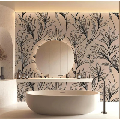 Beige Black Line Art Botanical Leaf Sketch Minimalist Wall Mural