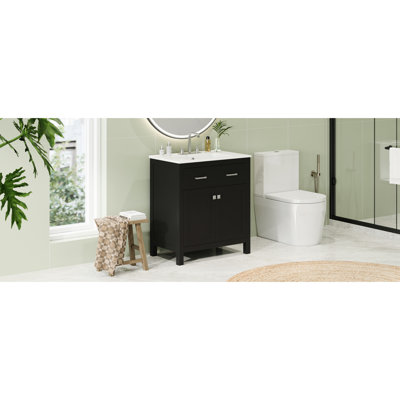 Armoire de salle de bain 30 po, noir moderne avec lavabo en céramique, 2 portes et tablette pour décoration de meuble-lavabo, réglable