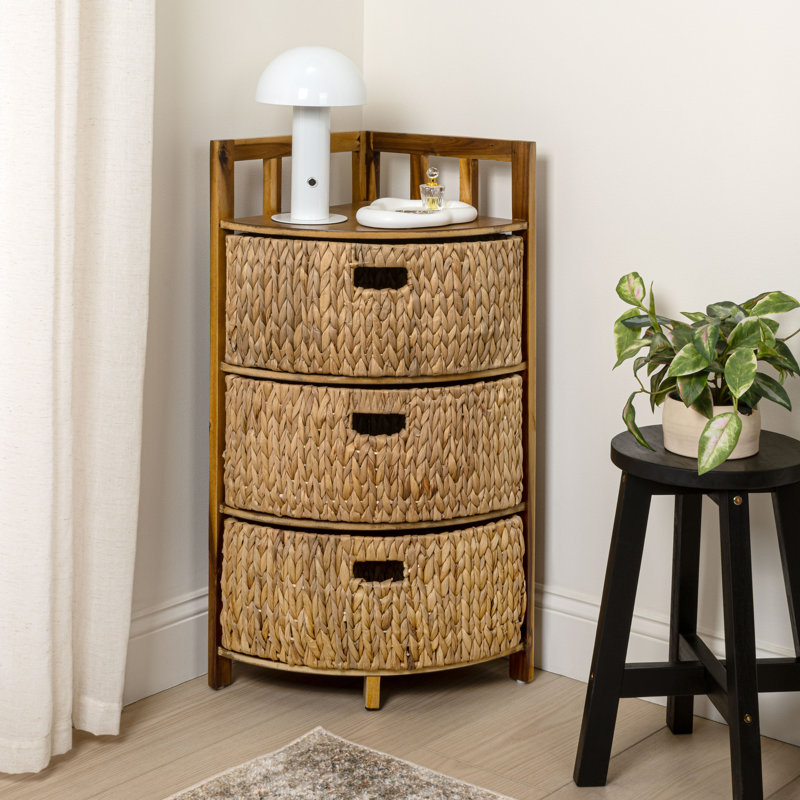 Quart 34 in. H Handcrafted Acacia Wood 3-Tier Corner Storage Cabinet with 3 Water Hyacinth Baskets, Natural, Natural
