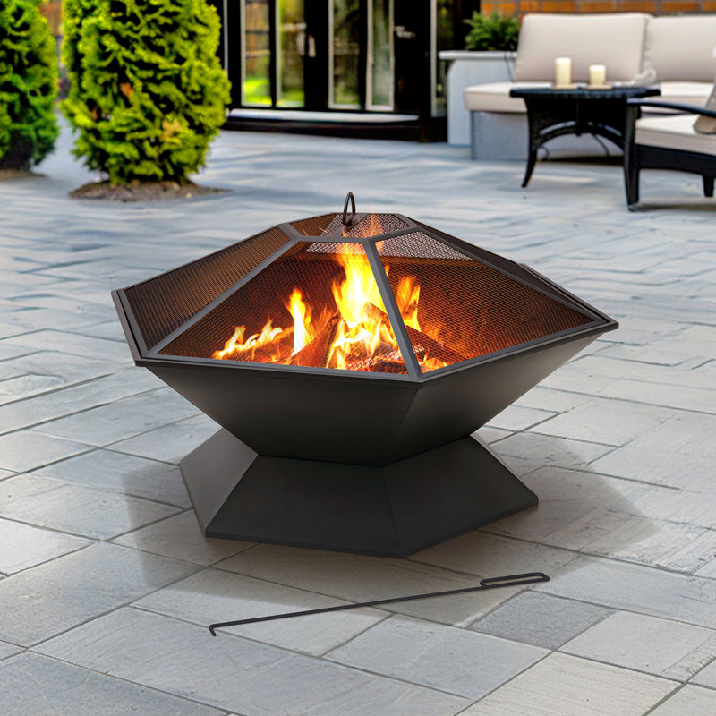 Foyer d'extérieur au feu de bois en acier 35 pouces avec tisonnier et housse en PVC pour camping, jardin et patio