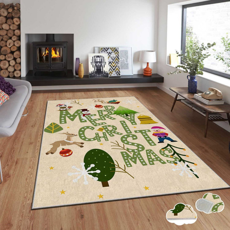 Tapis rectangulaire tissé à la machine en polyester beige / vert, Rectangle 3 pi 3 po x 4 pi 7 po