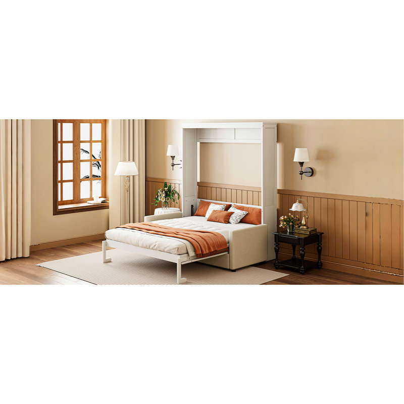 Lit double blanc avec coussin et lit - Fusion, espace pour, rangement simple, l 65,6 po x L 83,1 po, H 83,6 po, élément mural idéal pour une vie en appartement idéale