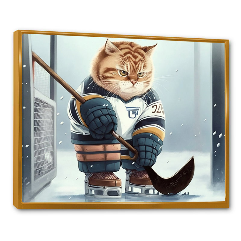 Dessin animé «Hocket Cat on Ice Rink II», impression sur toile, H 16 po x l 32 po x P 1 po, Toile avec cadre flottant or